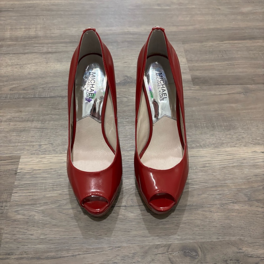MICHAEL Michael Kors Red Patent Platform Peep Toe Heels - Picture 2 of 8